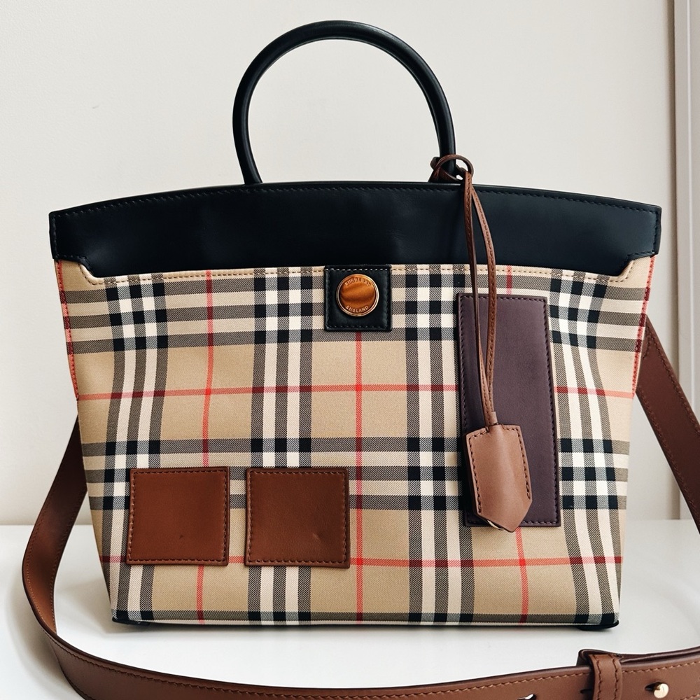 Authentic Burberry SM Society Nova Check Fabric Leather Trim Satchel Handbag